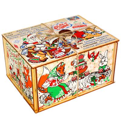 Детский новогодний подарок в упаковке из фанеры весом 950 грамм