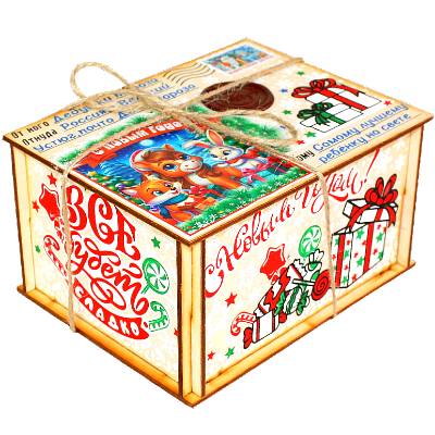 Сладкий подарок на Новый Год в упаковке из фанеры весом 300 грамм