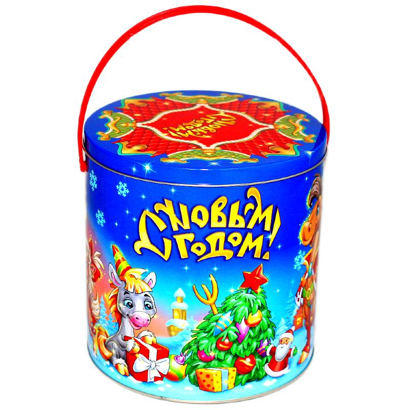 Сладкий подарок на Новый Год в жестяной упаковке весом 1000 грамм